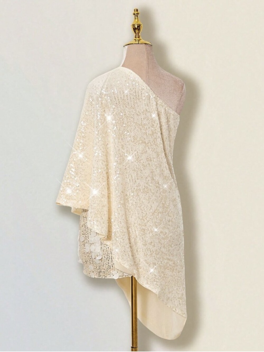One-Shoulder Sequin Cream Dress Cover-Up - Picture 7 of 14